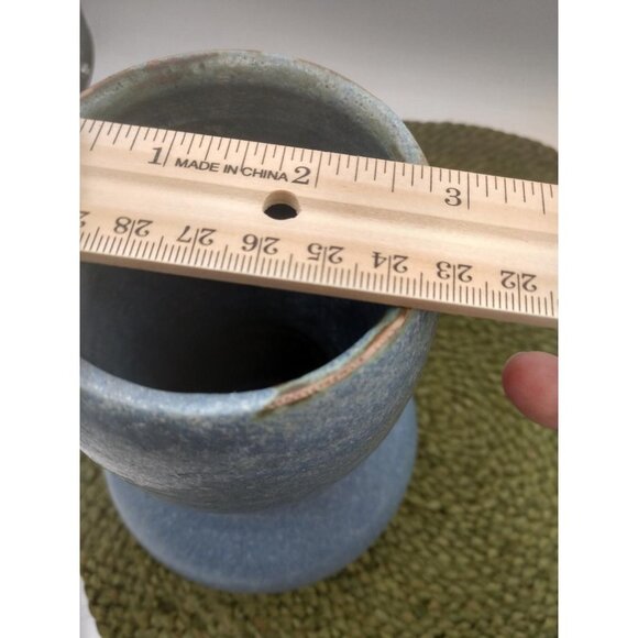 Handcrafted Blue Pottery Vase Signed  7 1/2" Tall With Wide Round Base & Narrow - Picture 6 of 8